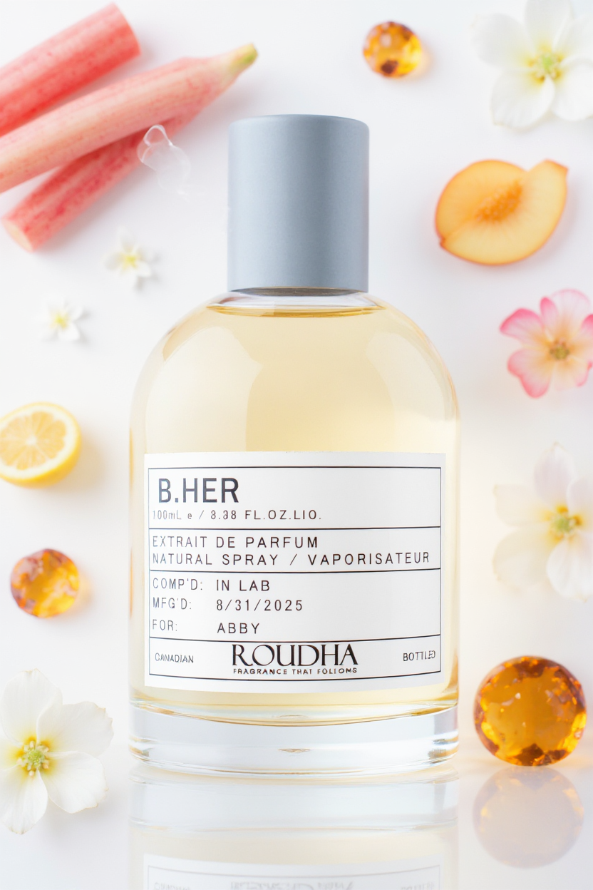 B.HER perfume bottle - fruity floral rhubarb peach jasmine fragrance for women by Roudha