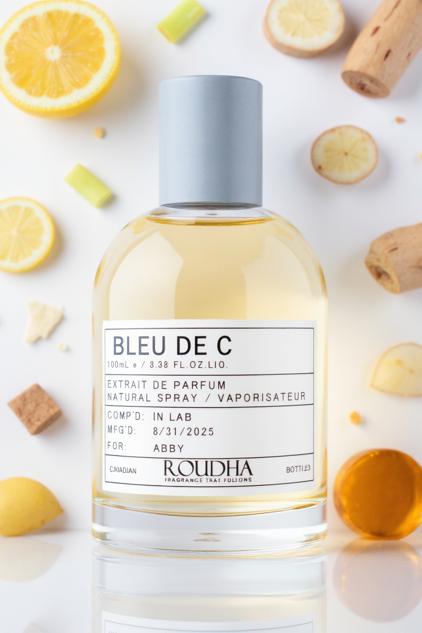 BLEU DE C designer cologne bottle - fresh woody citrus cedar fragrance for men by Roudha