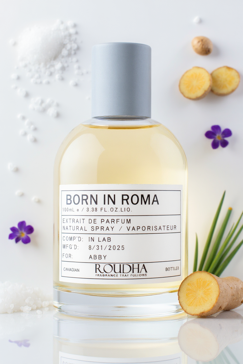 BORN IN ROMA cologne bottle - modern mineral vetiver salt ginger urban fragrance by Roudha