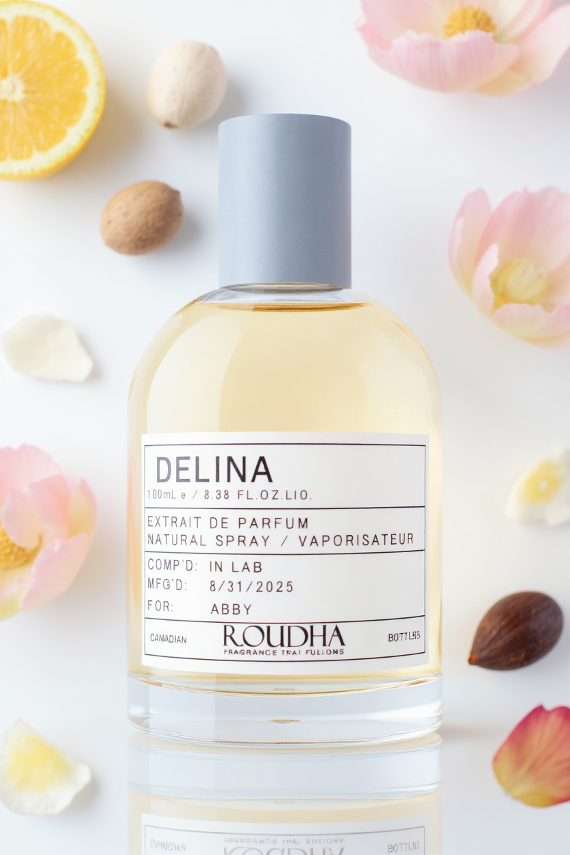 DELINA luxury perfume bottle - elegant rose lychee vanilla sweet floral feminine fragrance by Roudha