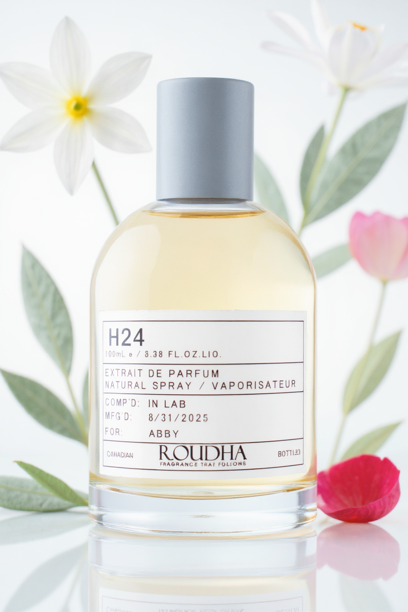 H24 cologne bottle - modern metallic sage rosewood futuristic masculine fragrance by Roudha