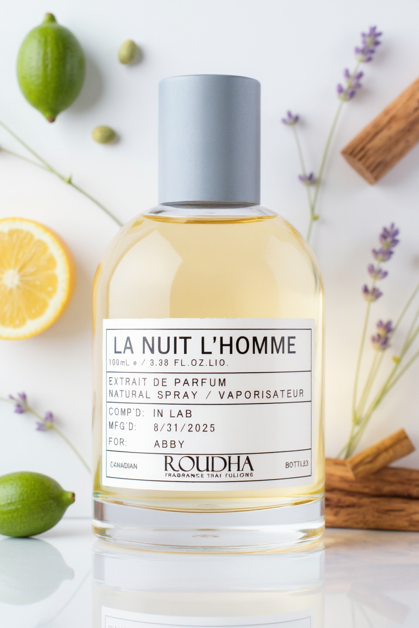 LA NUIT L'HOMME cologne bottle - spicy cardamom lavender aromatic evening masculine fragrance by Roudha