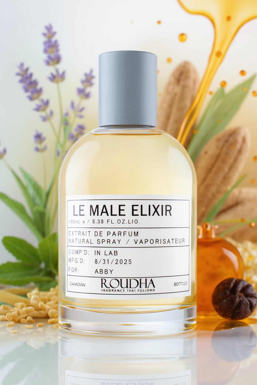 LE MALE ELIXIR cologne bottle - sweet lavender honey vanilla tonka bean masculine gourmand fragrance by Roudha