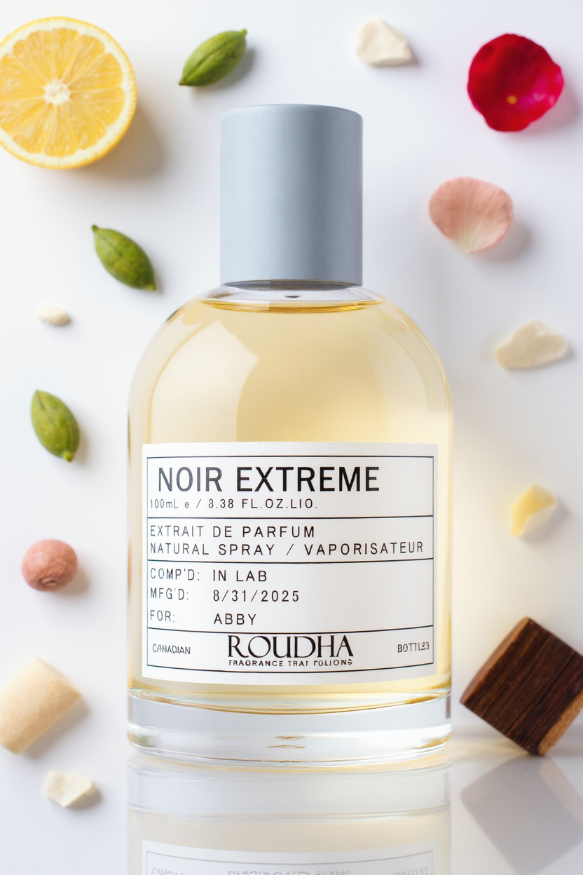 NOIR EXTREME cologne bottle - oriental gourmand cardamom rose kulfi sandalwood masculine fragrance by Roudha