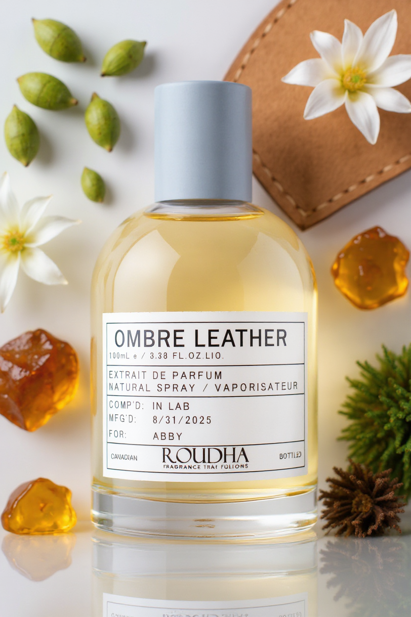OMBRE LEATHER perfume bottle - bold leather cardamom amber patchouli unisex fragrance by Roudha