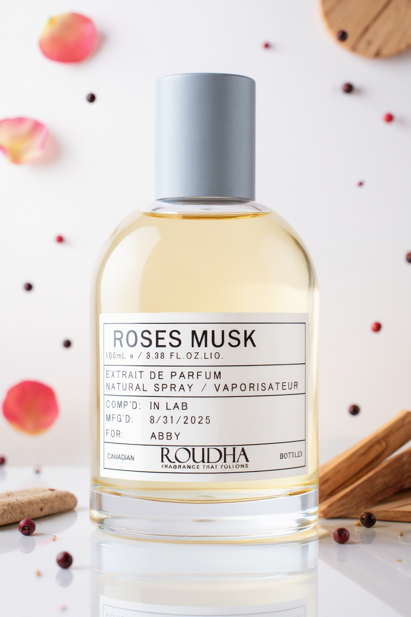 ROSES MUSK perfume bottle - clean rose musk pink pepper white tea cedar unisex fragrance by Roudha