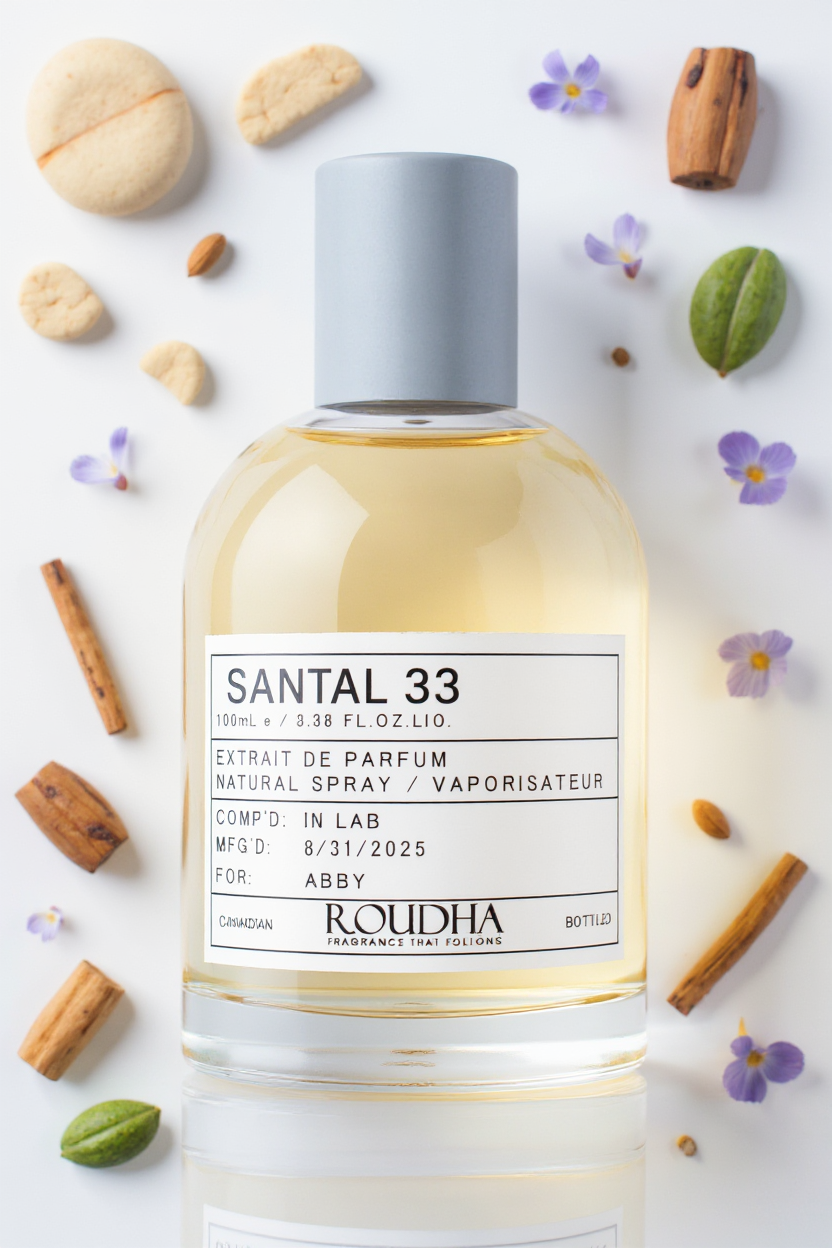 SANTAL 33 cult perfume bottle - minimalist sandalwood cedar cardamom woody unisex niche fragrance by Roudha
