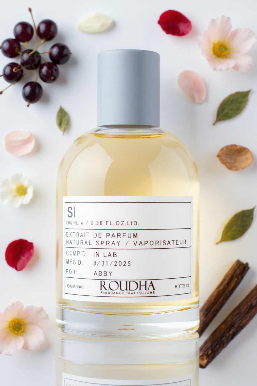 SI perfume bottle - fruity floral blackcurrant rose vanilla patchouli elegant feminine fragrance by Roudha