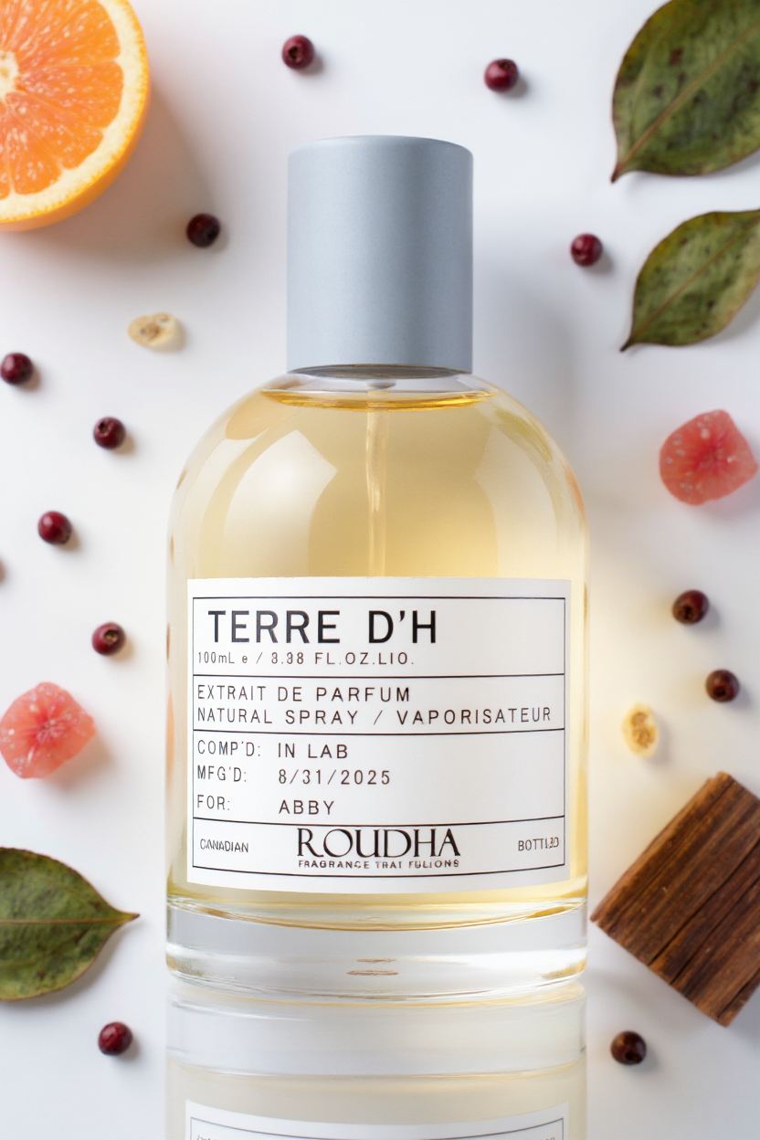 TERRE D'H cologne bottle - fresh woody citrus orange grapefruit pepper patchouli masculine fragrance by Roudha