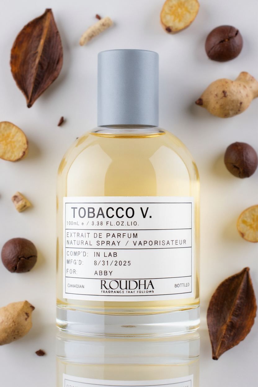 TOBACCO V. perfume bottle - rich tobacco vanilla tonka bean cocoa warm oriental unisex fragrance by Roudha
