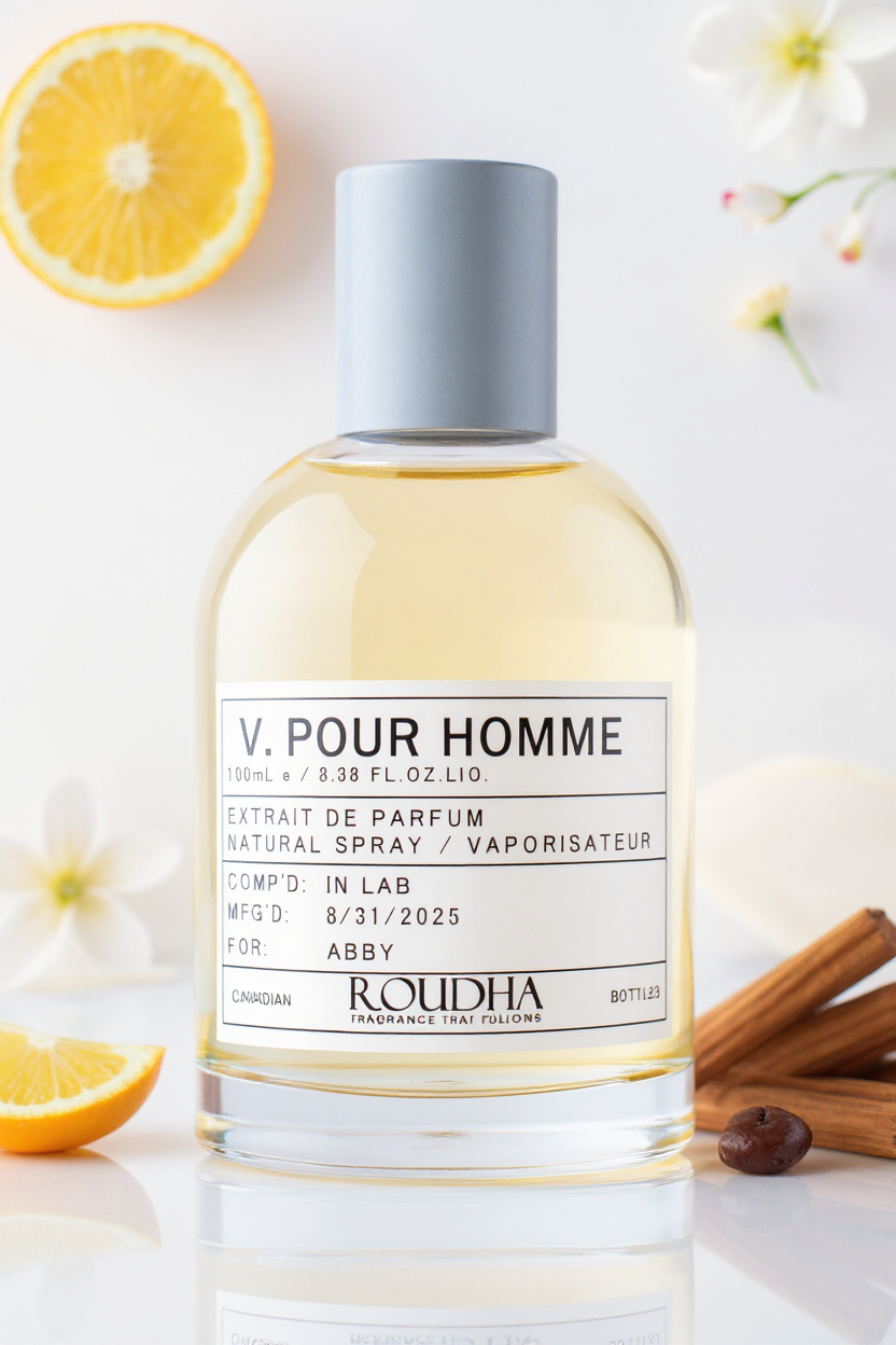 V.POUR HOMME cologne bottle - fresh aromatic bergamot neroli cedar musk masculine designer fragrance by Roudha